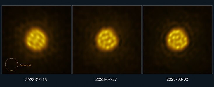 Drei Bilder in einer Reihe sind von links nach rechts mit den Daten „2023-07-18“, „2023-07-27“ und „2023-08-02“ beschriftet. Jedes Bild zeigt eine verschwommene, gelbe Kugel mit dunklen und hellen Flecken vor einem körnigen, braunen Hintergrund. Die Flecken bewegen und verändern sich von Bild zu Bild. Unten links im ersten Bild ist der Umriss eines Kreises, der etwas kleiner als die gelbe Kugel ist, mit „Erdumlaufbahn“ beschriftet.